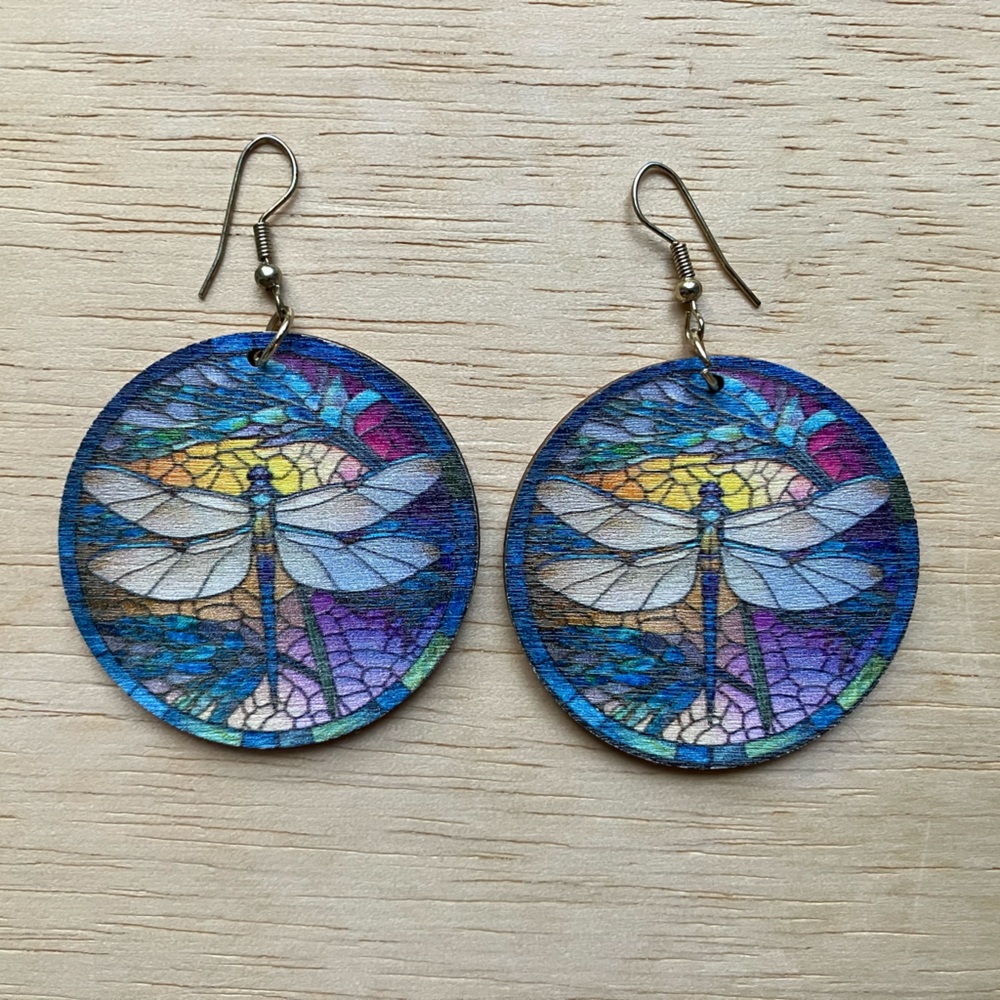 Colorful Lightweight Wooden Circle Dragonfly Earrings
